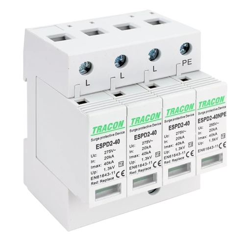Tracon ESPD2-40-3+1P T2 AC típusú túlfeszültség levezető, cserélhető betéttel Uc:275/255V; In:20kA; Imax:40kA; Up:1,3/1,5kV; 3+1P