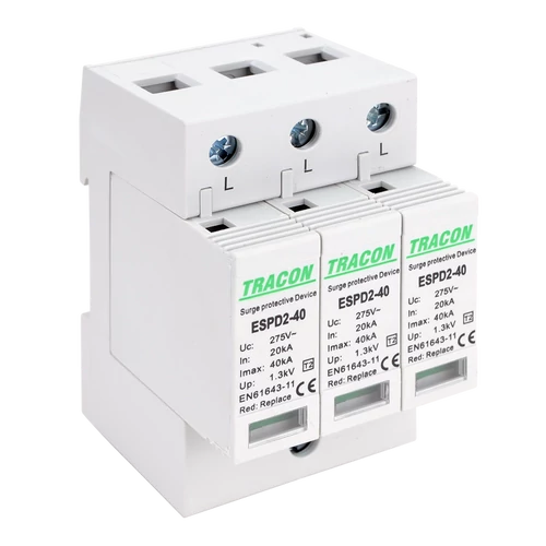 Tracon ESPD2-40-3P T2 AC típusú túlfeszültség levezető, cserélhető betéttel Uc:275V; In:20kA; Imax:40kA; Up:1,3kV; 3P