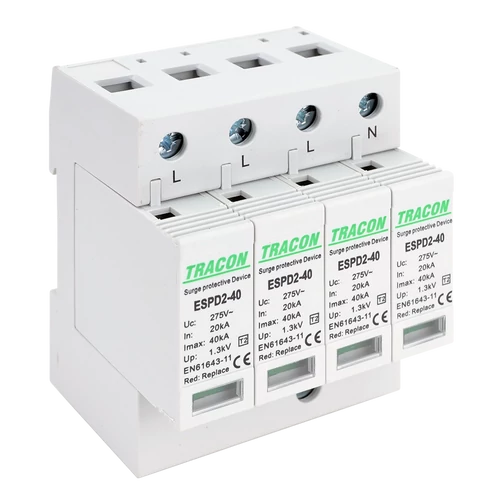 Tracon ESPD2-40-4P T2 AC típusú túlfeszültség levezető, cserélhető betéttel Uc:275V; In:20kA; Imax:40kA; Up:1,3kV; 4P