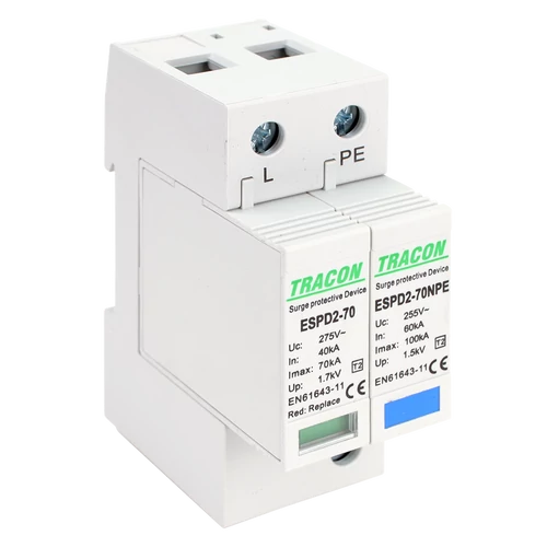 Tracon ESPD2-70-1+1P T2 AC típusú túlfeszültség levezető, cserélhető betéttel Uc:275/255V; In:40kA; Imax:70kA; Up:1,7/1,5kV; 1+1P