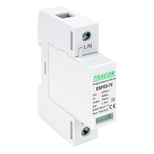 Tracon ESPD2-70-1P T2 AC típusú túlfeszültség levezető, cserélhető betéttel Uc:275V; In:40kA; Imax:70kA; Up:1,7kV; 1P