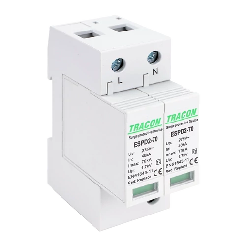 Tracon ESPD2-70-2P T2 AC típusú túlfeszültség levezető, cserélhető betéttel Uc:275V; In:40kA; Imax:70kA; Up:1,7kV; 2P