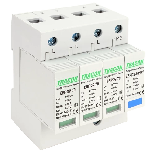 Tracon ESPD2-70-3+1P T2 AC típusú túlfeszültség levezető, cserélhető betéttel Uc:275/255V; In:40kA; Imax:70kA; Up:1,7/1,5kV; 3+1P