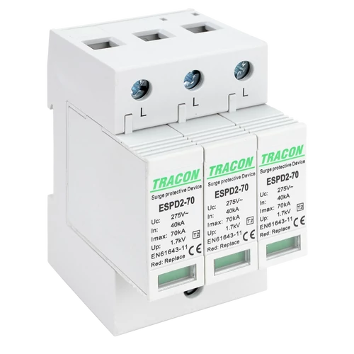 Tracon ESPD2-70-3P T2 AC típusú túlfeszültség levezető, cserélhető betéttel Uc:275V; In:40kA; Imax:70kA; Up:1,7kV; 3P