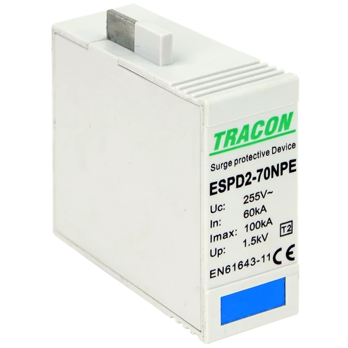 Tracon ESPD2-70NPE T2 AC típusú túlfeszültség levezető betét 70 NPE Uc:275/255V; In:40kA; Imax:70kA; Up:1,7/1,5kV