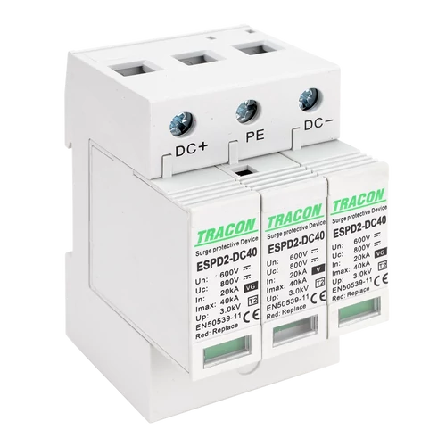 Tracon ESPD2-DC40-600 T2 DC típusú túlfeszültség levezető, cserélhető betéttel Ucpv: 800V; In:20kA; Imax:40kA; Up:2,6kV