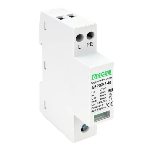 Tracon ESPD2+3-40-1+1P T2+T3 AC típusú túlfeszültséglevezető, egybeépített Uc:275V; In:20kA; Imax40kA; Uoc:10kV; Up:1,3/1,5kV; 1+1P