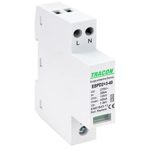 Tracon ESPD2+3-40-2P T2+T3 AC típusú túlfeszültséglevezető, egybeépített Uc:275V; In:20kA; Imax40kA; Uoc:10kV; Up:1,3kV; 2P