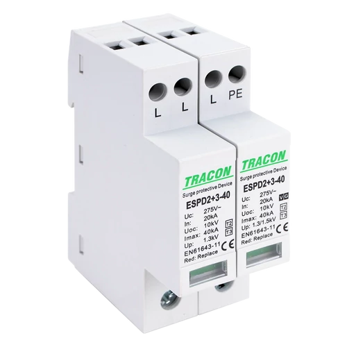 Tracon ESPD2+3-40-3+1P T2+T3 AC típusú túlfeszültséglevezető, egybeépített Uc:275V; In:20kA; Imax40kA; Uoc:10kV; Up:1,3/1,5kV; 3+1P