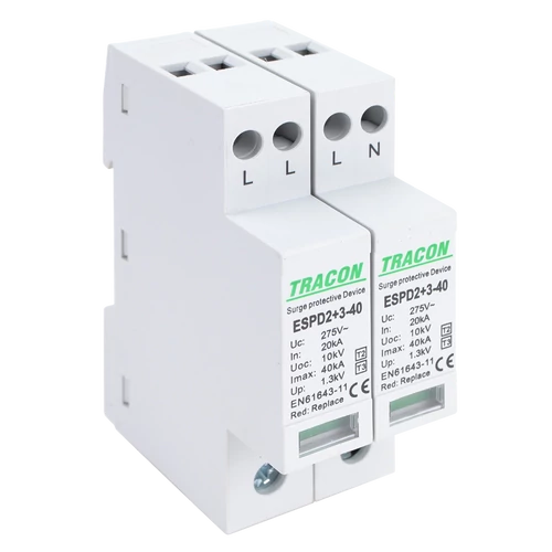 Tracon ESPD2+3-40-4P T2+T3 AC típusú túlfeszültséglevezető, egybeépített Uc:275V; In:20kA; Imax40kA; Uoc:10kV; Up:1,3kV; 4P
