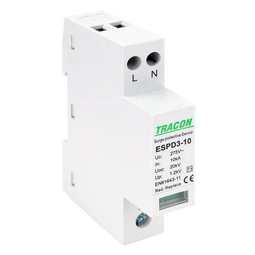 Tracon ESPD3-10-2P T3 AC típusú túlfeszültség levezető, egybeépített Uc:275V; In:10kA; Uoc:20kV; Up:1,2kV; 2P