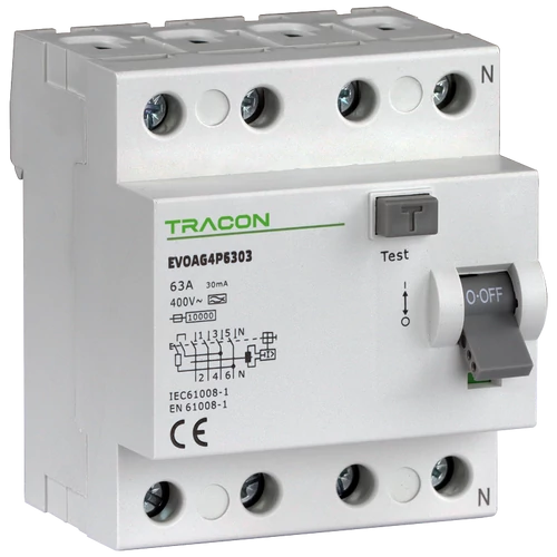 Tracon EVOAG4P2503 Áram-védőkapcsoló, 4 pólusú 25A, 30mA, 10kA, A