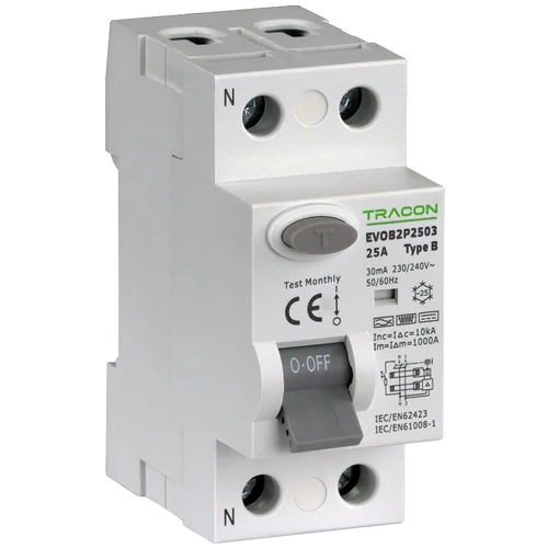 Tracon EVOB2P4003 Áram-védőkapcsoló, 2 pólusú 40A, 30mA, 10kA, B