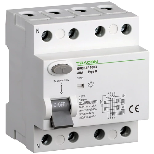 Tracon EVOB4P1603 Áram-védőkapcsoló, 4 pólusú 16A, 30mA, 10kA, B
