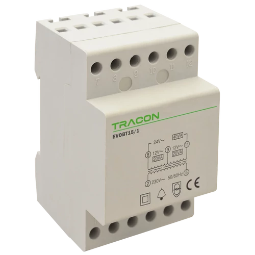 Tracon EVOBT24/1 Biztonsági (csengő) transzformátor 230V/12-24V AC, Psmax.:15VA, Is:0,62A