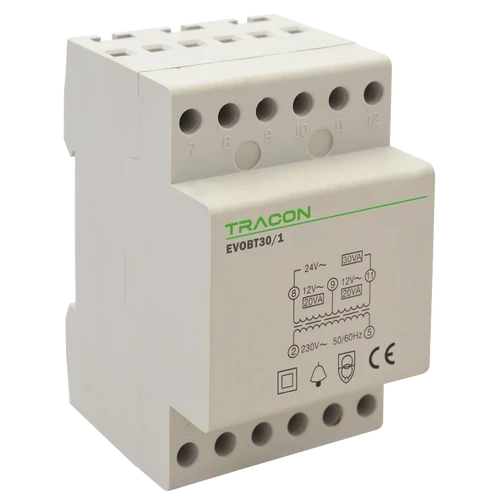 Tracon EVOBT30/1 Biztonsági (csengő) transzformátor 230V/12-12-24V AC, Psmax.:30VA, Is:1,25A