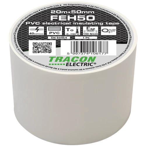 Tracon FEH50 Szigetelőszalag, fehér 20m×50mm, PVC, 0-90°C, 40kV/mm