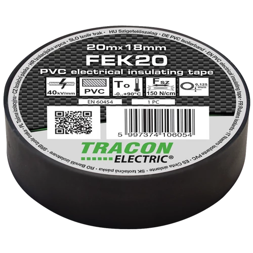 Tracon FEK20 Szigetelőszalag, fekete 20m×18mm, PVC, 0-90°C, 40kV/mm