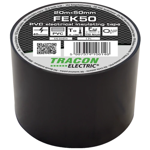 Tracon FEK50 Szigetelőszalag, fekete 20m×50mm, PVC, 0-90°C, 40kV/mm