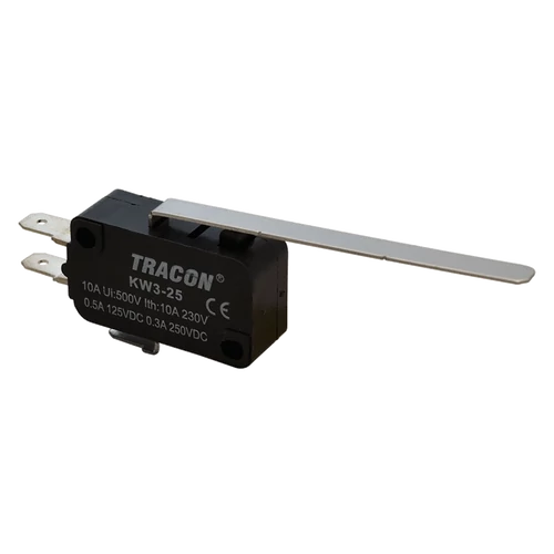 Tracon KW3-25 Helyzetkapcsoló, mikro, rugószáras 1×CO 10A/230VAC, 0,3A/250VDC, 52mm, 4,8x0,5 mm, IP00