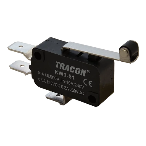 Tracon KW3-51 Helyzetkapcsoló, mikro, karos-görgős 1×CO 10A/230VAC, 0,3A/250VDC, 28mm, 6,3x0,8 mm, IP00