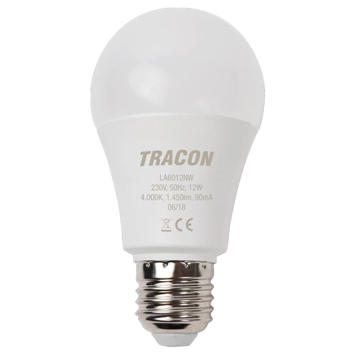 Tracon LA6012NW Gömb burájú LED fényforrás 230 V, 50 Hz, 12 W,4000 K, E27, 1450 lm, 200°, A60, EEI=E