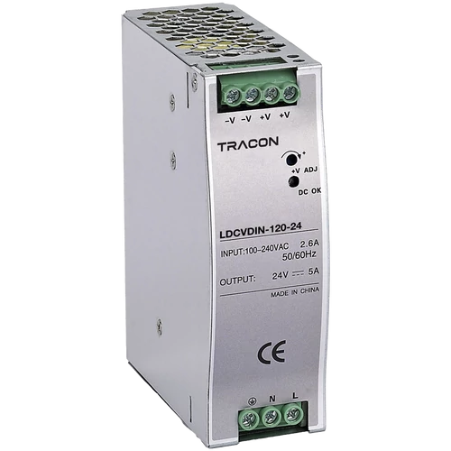 Tracon LDCVDIN-120-24 DIN sínre szerelhető tápegységszabályozható DC kimenettel 100-240VAC,2,6A/DC24V,5A/120W