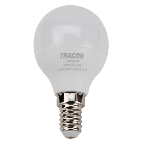 Tracon LMGS455W Gömb burájú LED fényforrás SAMSUNG chippel 230V,50Hz,5W,3000K,E14,430lm,180°,G45,SAMSUNG chip, EEI=F