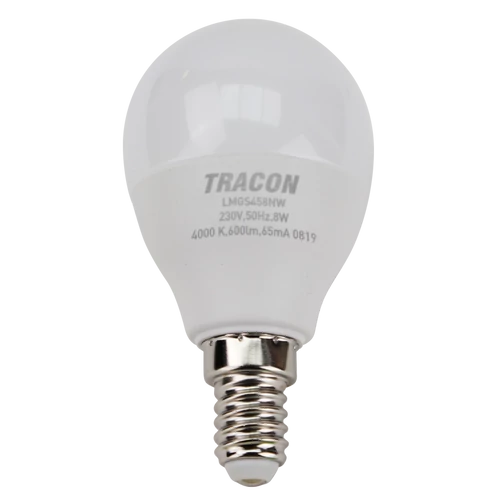 Tracon LMGS458NW Gömb burájú LED fényforrás SAMSUNG chippel 230V,50Hz,8W,4000 K,E14,720lm,180°,G45,SAMSUNG chip, EEI=F