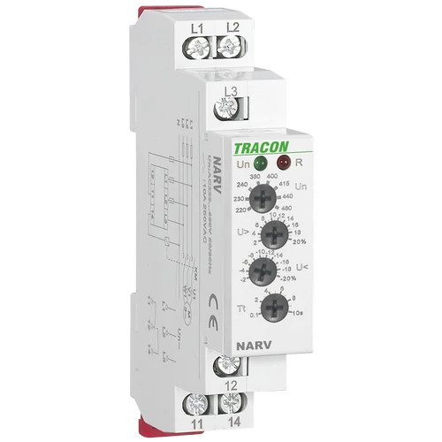 Tracon NARV Feszültségfigyelő relé 3 fázisra AC 220-460V, U> U< = +/-2-20%, t=0,1-10s, Asymm 8%