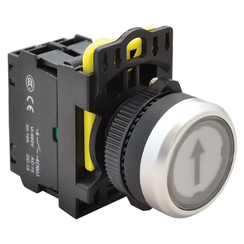 Tracon NYG3-P3L Jelölt, világító nyomógomb, fehér, (fekete nyíl) 1×NO, 5A/230V AC-15, IP65, LED 230V AC/DC