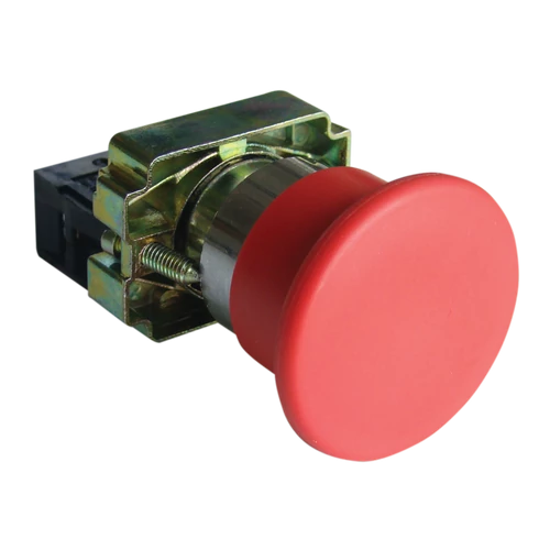 Tracon NYGBC42PTS Tok. gombafejű vésznyomógomb, fémalap,piros,sárga f.,nem ret 1×NC, 3A/400V AC, IP42, d=40mm