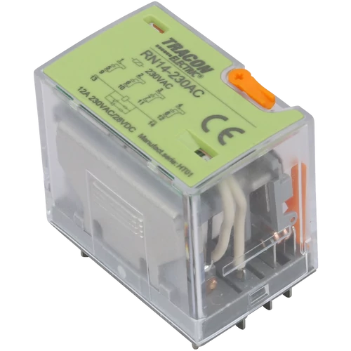 Tracon RN14-12DC Miniatűr teljesítményrelé tesztgombbal és állapotjelzéssel 12V DC / 4×CO (12A, 230V AC / 28V DC)