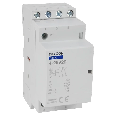 Tracon SHK4-25V22 Installációs kontaktor 230V AC, 50Hz, 2 Mod, 2×NO+2×NC, AC1/AC7a, 25A