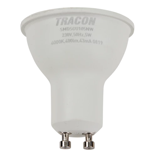 Tracon SMDSGU105NW Műanyag házas SMD LED spot fényforrás SAMSUNG chippel 230V,50Hz,GU10,5W,450lm,4000K,120°,SAMSUNG chip, EEI=F