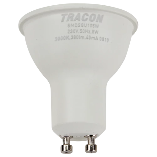 Tracon SMDSGU105W Műanyag házas SMD LED spot fényforrás SAMSUNG chippel 230V,50Hz,GU10,5W,430lm,3000K,120°,SAMSUNG chip, EEI=F