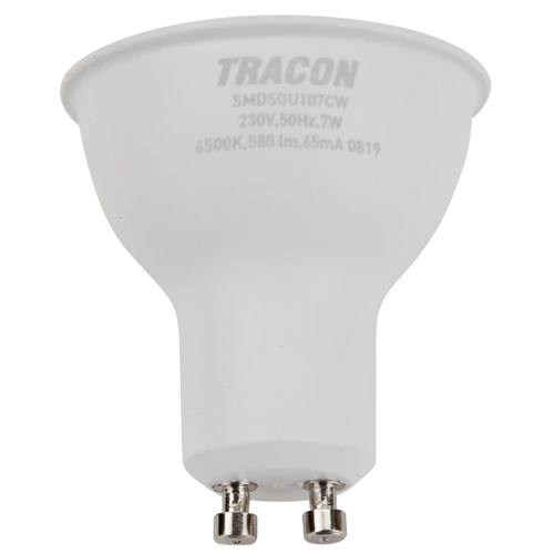 Tracon SMDSGU107CW Műanyag házas SMD LED spot fényforrás SAMSUNG chippel 230V,50Hz,GU10,7W,650lm,6500K,120°,SAMSUNG chip, EEI=F