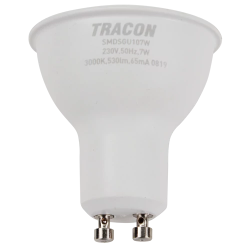 Tracon SMDSGU107W Műanyag házas SMD LED spot fényforrás SAMSUNG chippel 230V,50Hz,GU10,7W,600lm,3000K,120°,SAMSUNG chip, EEI=F