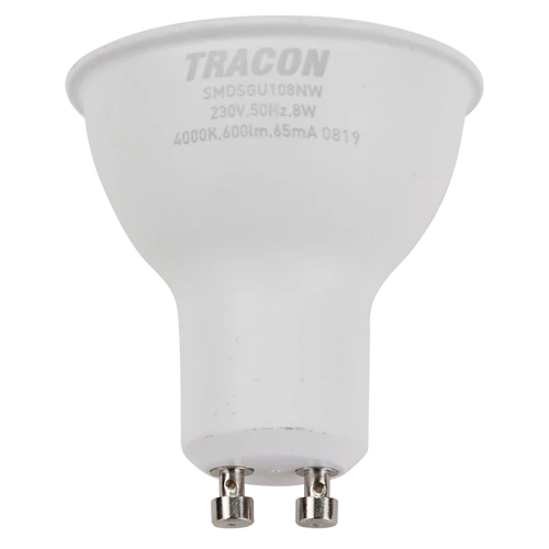 Tracon SMDSGU108NW Műanyag házas SMD LED spot fényforrás SAMSUNG chippel 230V,50Hz,GU10,8W,720lm,4000K,120°,SAMSUNG chip, EEI=F