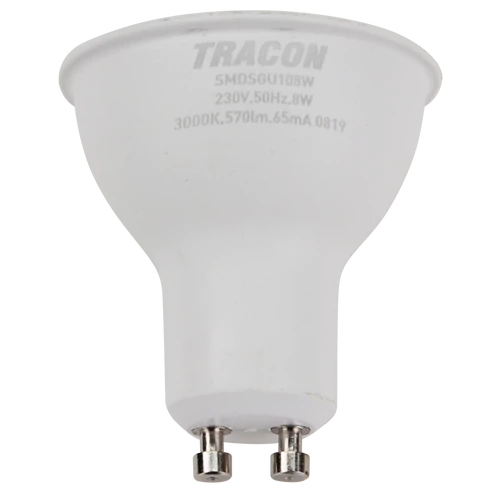 Tracon SMDSGU108W Műanyag házas SMD LED spot fényforrás SAMSUNG chippel 230V,50Hz,GU10,8W,710 lm,3000 K,120°,SAMSUNG chip, EEI=F