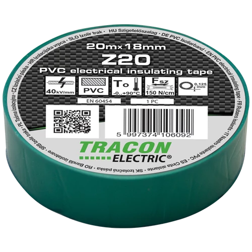 Tracon Z20 Szigetelőszalag, zöld 20m×18mm, PVC, 0-90°C, 40kV/mm