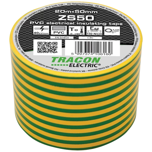 Tracon ZS50 Szigetelőszalag, zöld-sárga 20m×50mm, PVC, 0-90°C, 40kV/mm