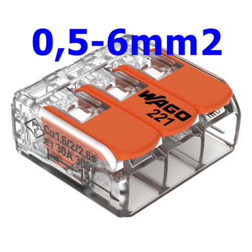 WAGO 221-613 Vezetékösszekötő oldható 41A/450V leágazás 3x 0,5-6mm2 átlátszó 