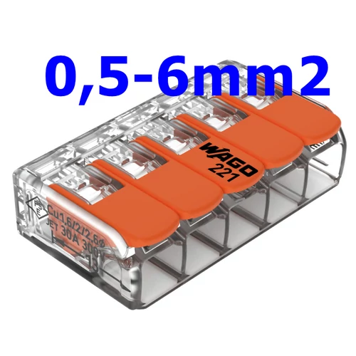 WAGO 221-615 Vezetékösszekötő oldható 41A/450V leágazás 5x 0,5-6mm2 átlátszó