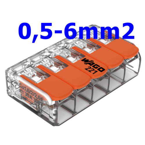 WAGO 221-615 Vezetékösszekötő oldható 41A/450V leágazás 5x 0,5-6mm2 átlátszó