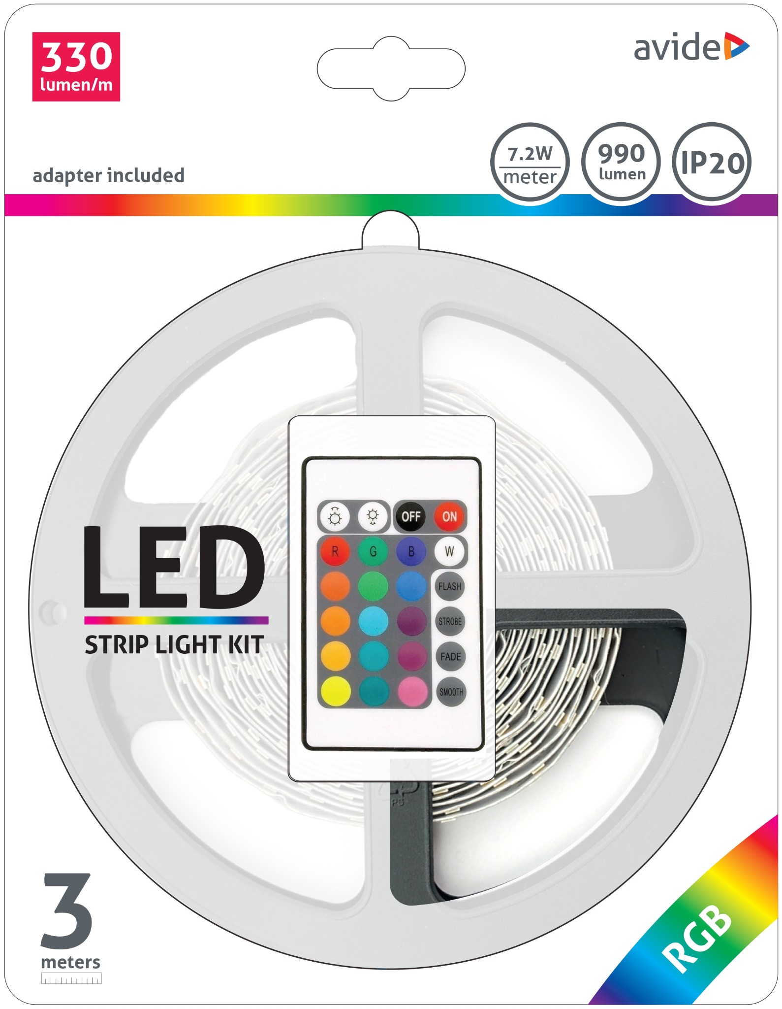 Avide LED szalag szett beltéri: 7.2W, 3 méter RGB 5050-30 szalag - távirányítóval, vezérelhető + tápegység, ABLSBL12V5050-30RGB