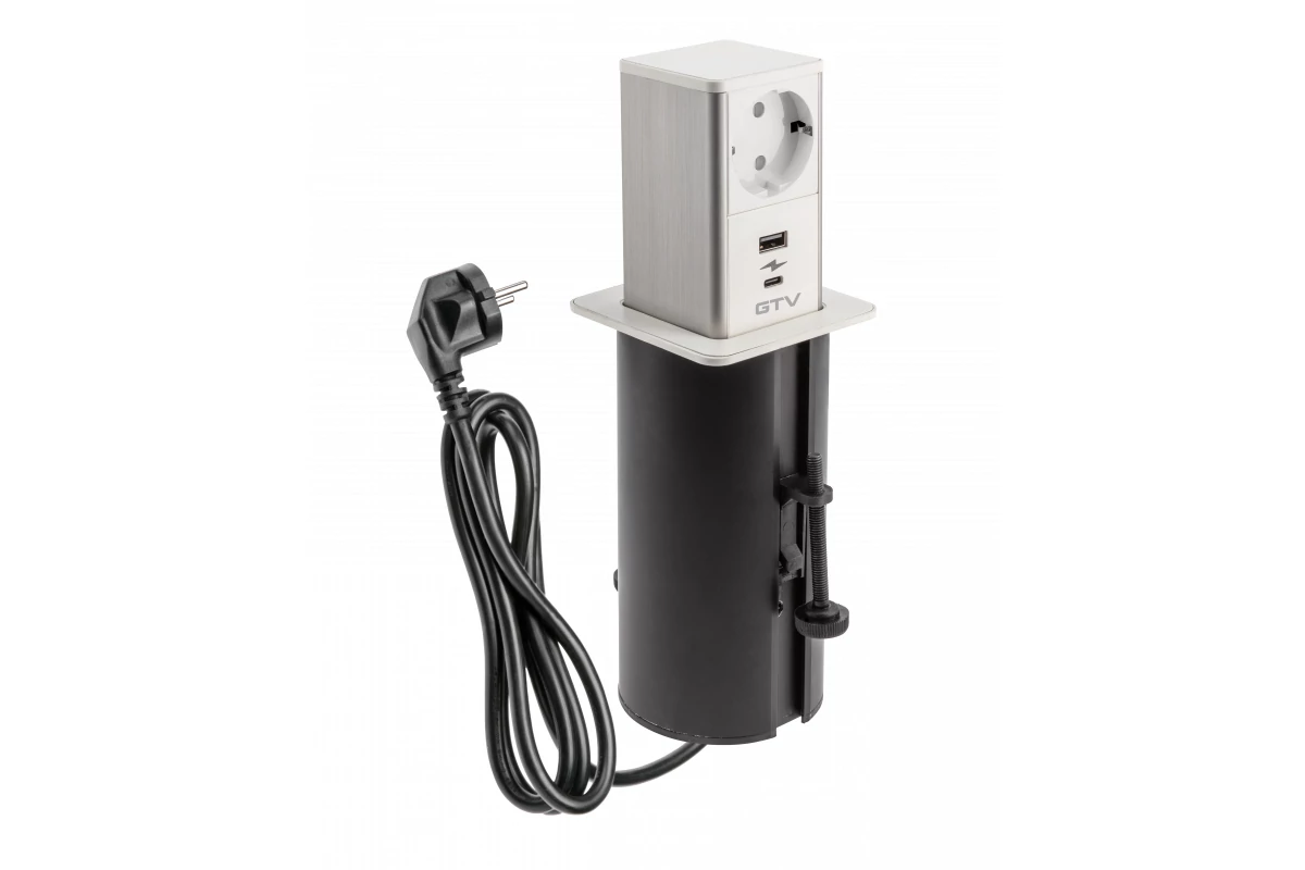 GTV AE-GMW1STOW-10 Torony kihúzható bútoraljzat, 1x schuko aljzat, 1xUSB A, 1xUSB C, kábel 1,5 m, fehér, inox kupak