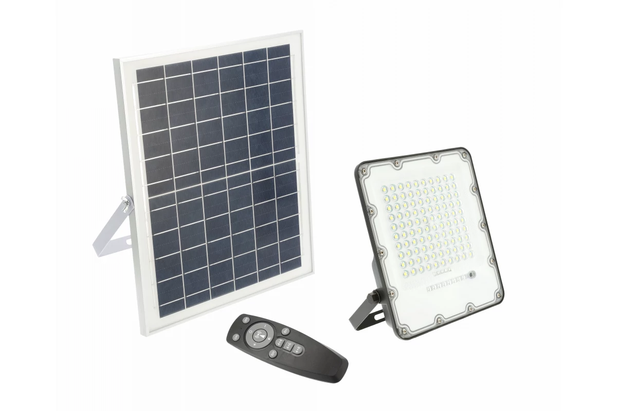 GTV LD-BRAVOS100W-64 Solar LED reflektor BRAVOS, 100W, 1000lm, 6400K, IP65, 120°, napelem, távirányító, 3 év