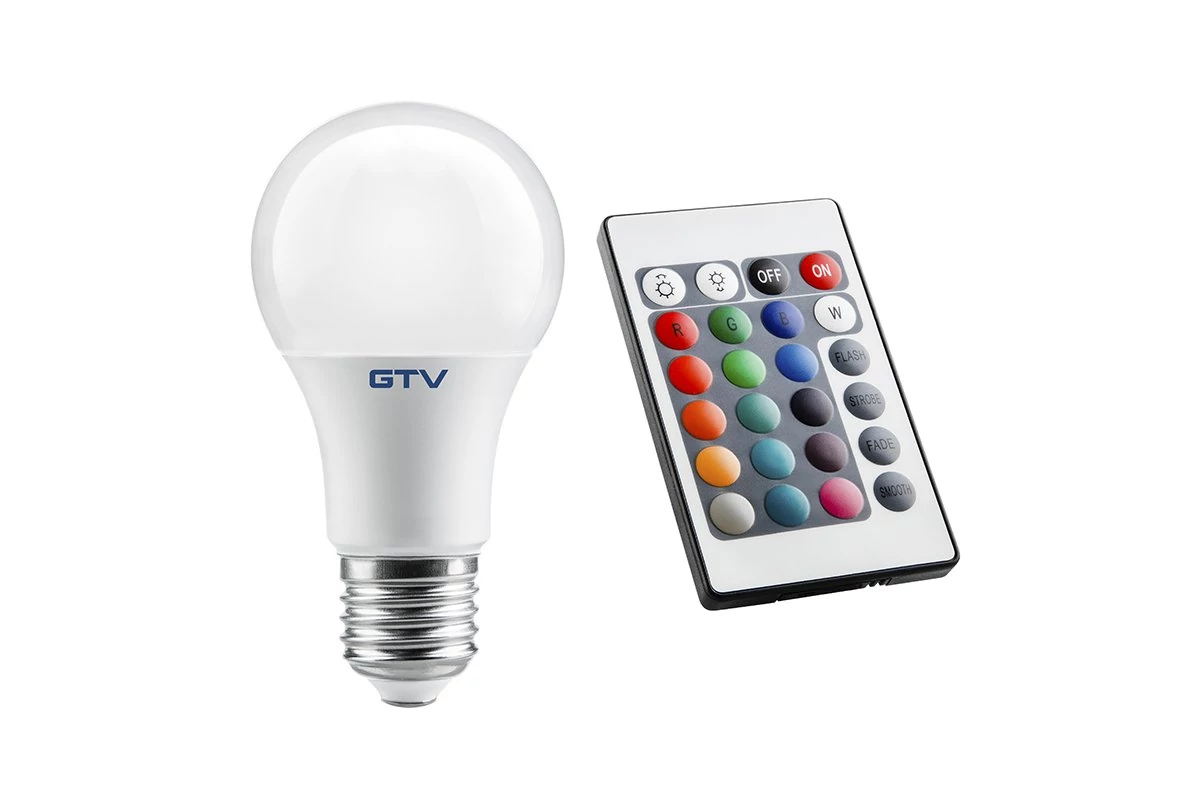 GTV LD-PC2A60RGBW-10W LED fényforrás RGBW, A60, E27, 10W, AC220-240V, sugárzási szög 180*, 810lm, 87mA, távirányító RGBW