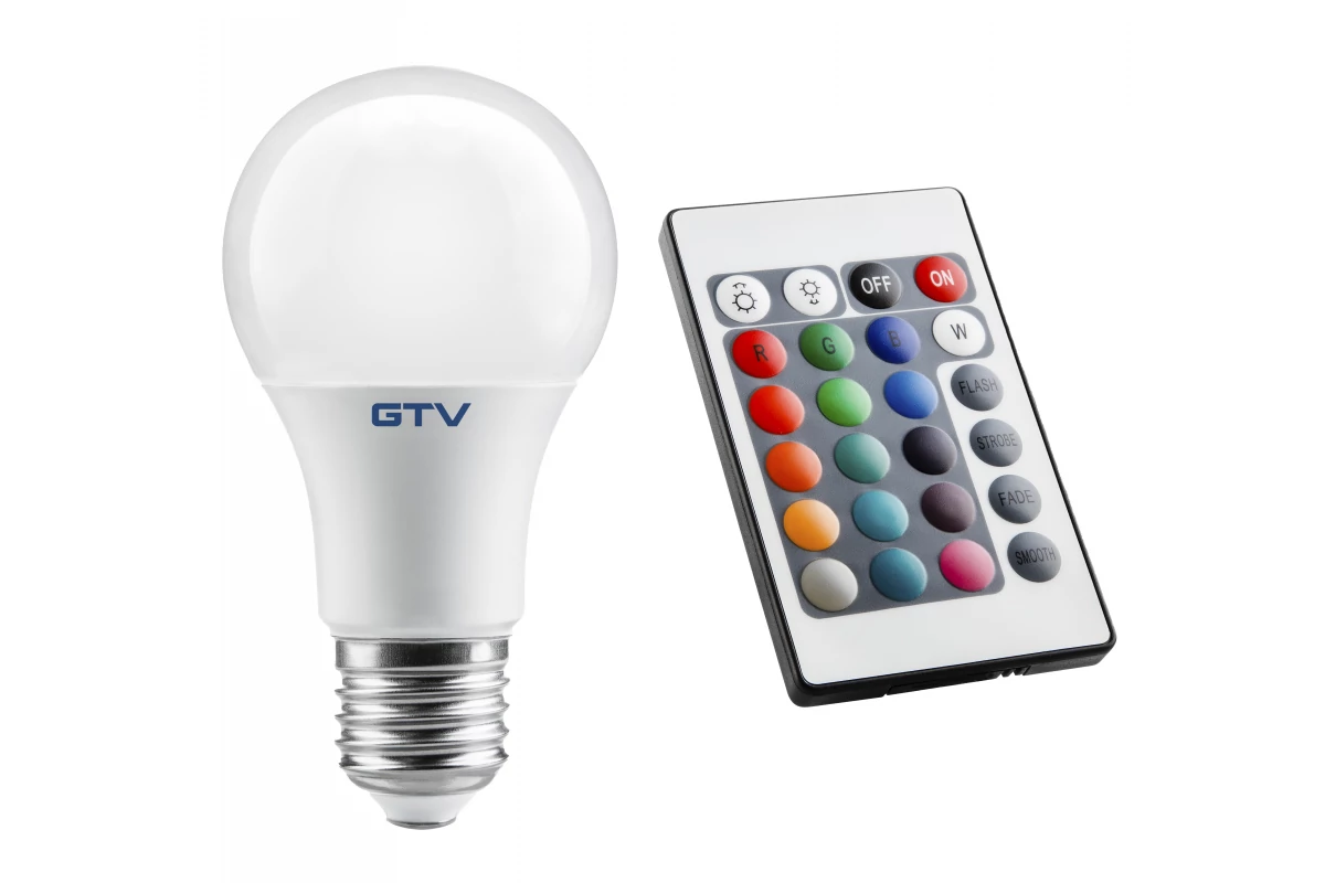 GTV LD-PC2A60RGBW-9W LED FÉNYFORRÁS, RGBW, AG, 3000K, A60, E27, 9W, AC220-240V, 200°, 830lm, 78mA, RGBW távirányító